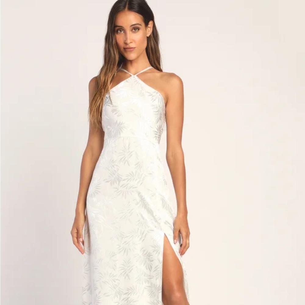 White satin leaf print halter dress NEW